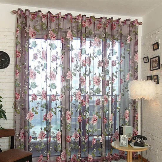 

Flower Printed Curtains for the Living Room Kitchen Tulle Curtain Sheer French Window Purple Yellow Floral 100x200cm 14003