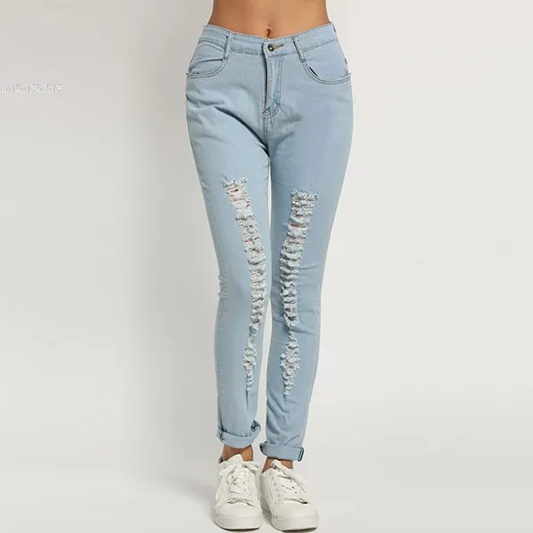 New Fashion Women High Waist Casual Holes Skinny Pencil Jeansin Jeans from Women's Clothing on
