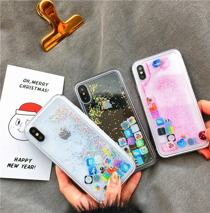 

For iPhone X 8 8Plus 7 7plus 6 6s 6plus Case APP icon Diamond Light Liquid Glitter QuickSand Phone Cover