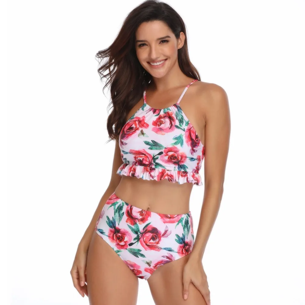 Parent-child Vintage Printed High Waist and High leg cut Off Shoulder Halter Removable Push up Padded Bikini Top 2