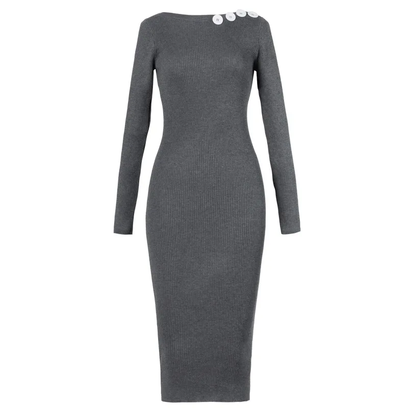 Buttons Woman Long Sleeve Knee Length Body Dresses Sweater Knitted Clothes 2018 Spring WS5356U