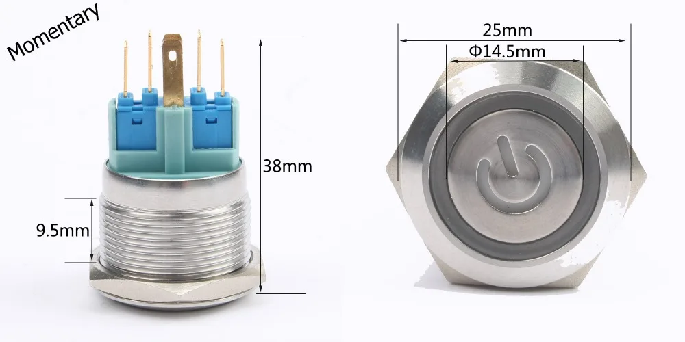22 мм знак питания с подсветкой свет Push Водонепроницаемая кнопка переключателя Выключатель без фиксации из нержавеющей стали 6pin терминал