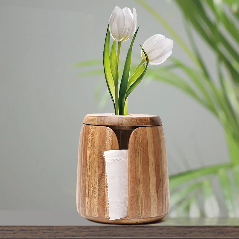 

Classical round wooden roll paper storage holder Brief wooden home paper holder glass flower vase