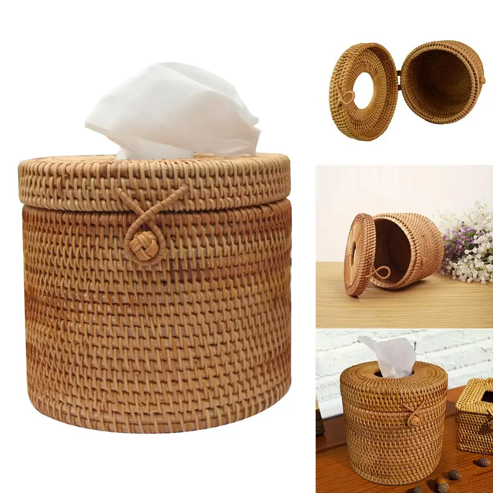 Unique Decorative Funny Round Roll Paper Rattan Tissue Napkin Box