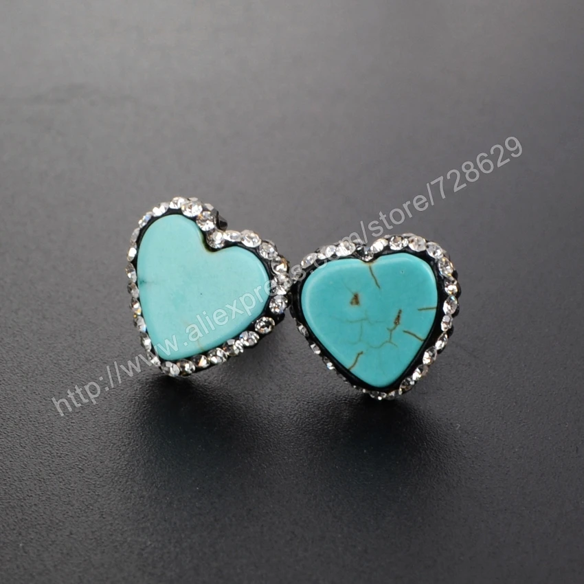 

BOROSA Lovely Heart Blue Stone Studs Earrings ,1 pair paved rhinestone turquoises handcrafted studs gem jewelry women JAB545