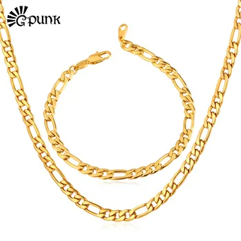 

Unisex Jewelry Sets Chunky Figaro Chain 316L Stainless Steel Never Fade Gold color Necklace Bracelet Men Accessories S226G
