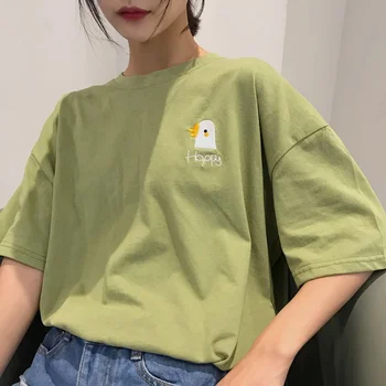 

T-Shirt Summer New Cute Animal Happy Embroidered Simple Tops Solid Color Short Sleeve Female T-shirts