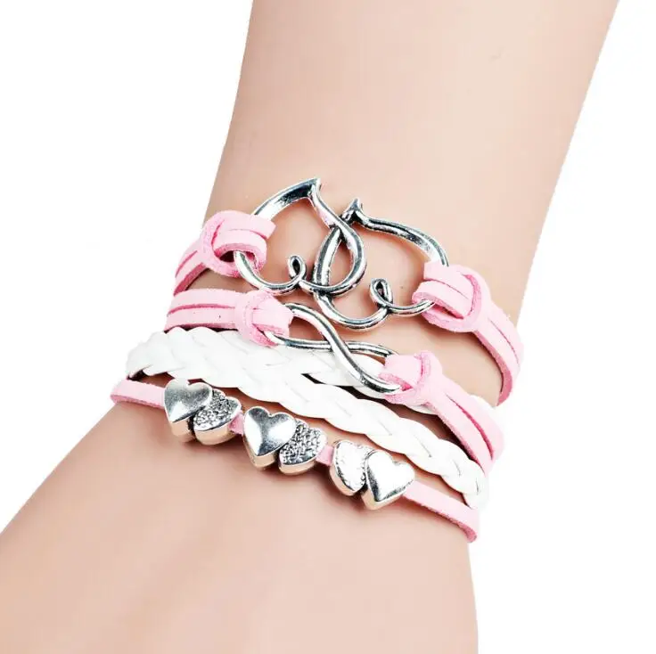 

2018 new Cute vintage fashion owl big 8 Pink double Heart infinite multi-layer leather bracelet for women Nice gift jewelry