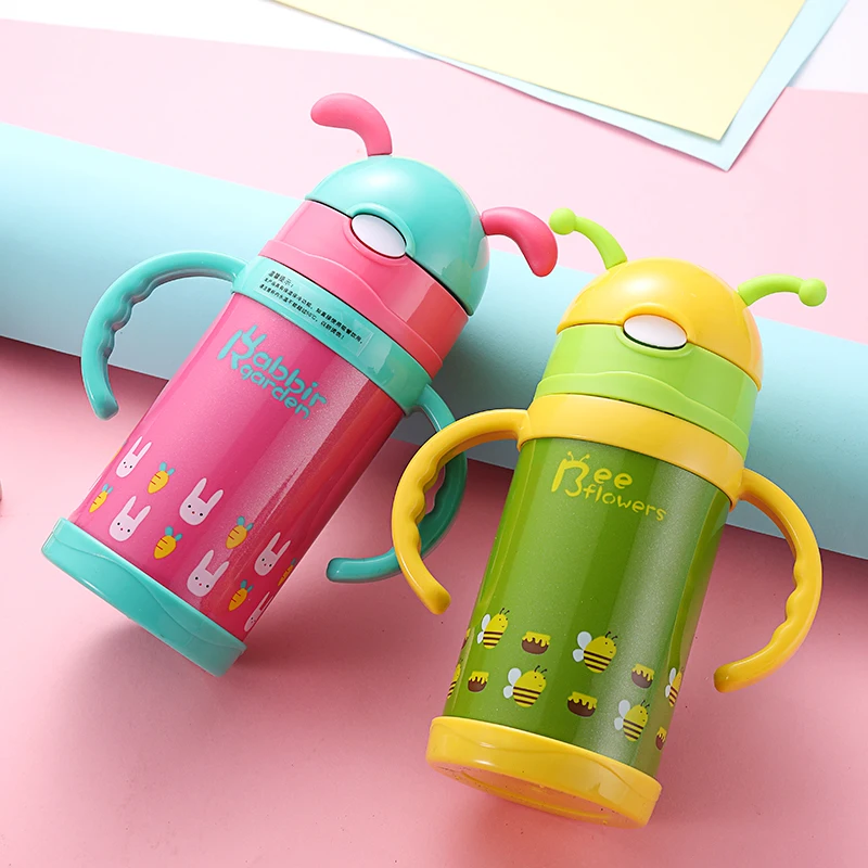 

300ml High Quality Kids Vacuum Flasks With Silicone Straw Stainless Steel Children Thermocup Baby Feeding Cup Stainless Steel
