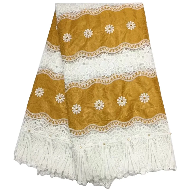 

Free shipping (5yards/pc) high quality African net lace fabric bazin lace fabric in gold and white for party dress BLS08