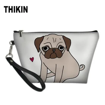 

THIKIN Women Cosmetic PU Makeup Bag Lovely Pug French Bulldog Print Girls Female Zipper Purse Small Pouch Beauty Organizer Case