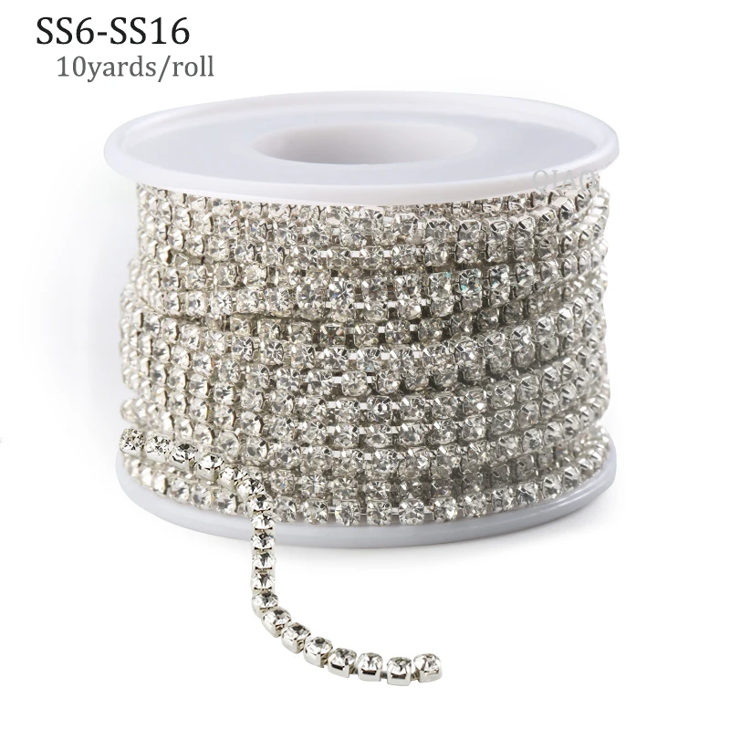 

10yards/roll Clear Crystal SS6-SS16(2mm-4mm) Silver Base Copper Cup Rhinestone Chain Apparel Sewing Style diy Beauty Accessories