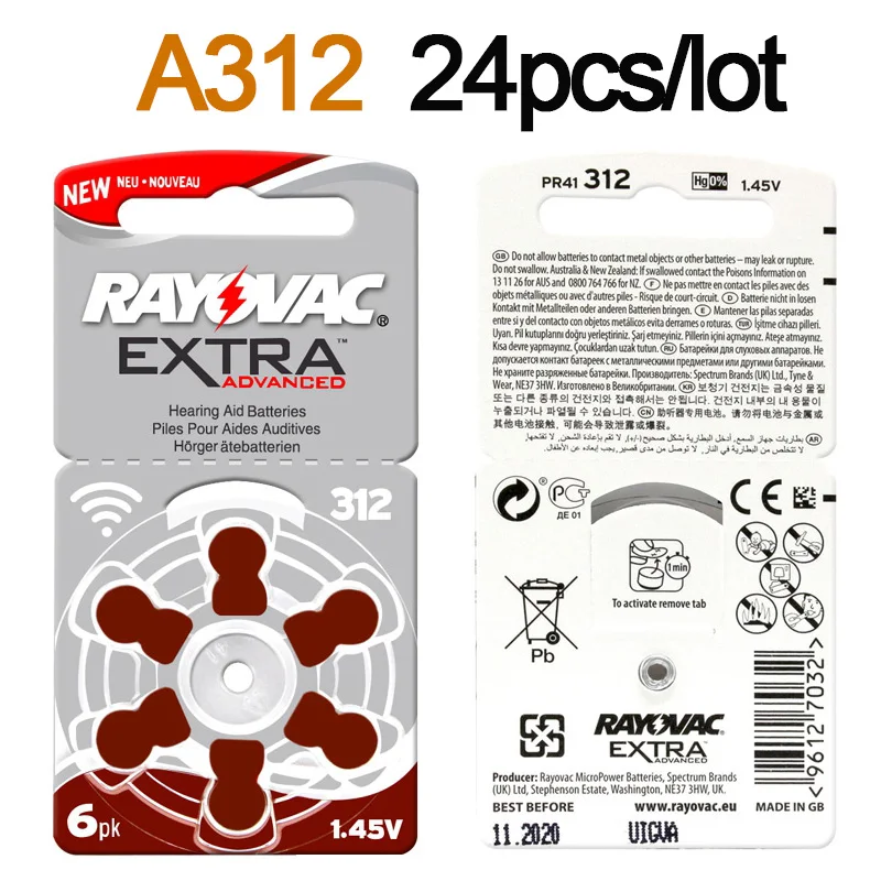 24 шт. Rayovac Экстра цинк воздушный слуховой аппарат батареи A312 312A ZA312 312 PR41 батарея