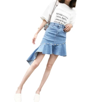 

Women High waist Denim Skirt 2019 New Trumpet / Mermaid Ruffle Irregular Skirt Summer Slim Temperament Women Denim Skirts JIA186
