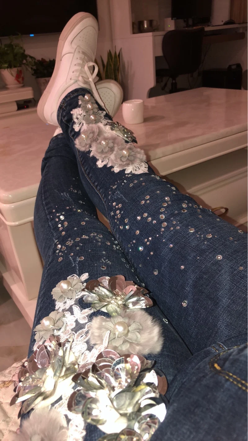 2019 демисезонный Ретро Цветочный Вышивка джинсы для женщин для мода цветы блестками алмаз узкие брюки плюс размеры