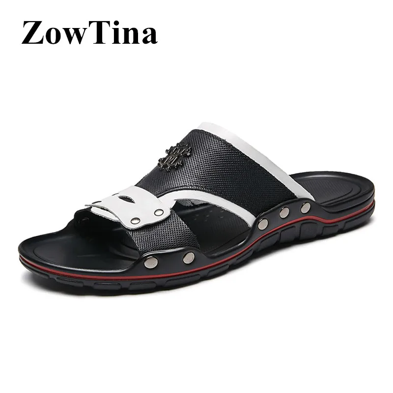 Black Leather Men Flats Slippers Outdoor Breathable Beach Flip Flops Shoes Man Summer Rubber Sole Male Slides Comfortable Sandal