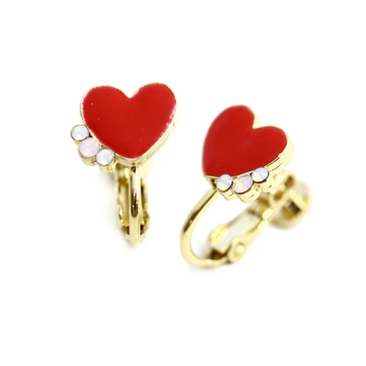 

2017 New Arrival Cute Refinement Rhinestone Red Heart Clip-on Earrings for Women Girl Gold Tone No Pierced Ears Can Wear