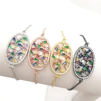 

10pcs/lot New Design Paved Rainbow Cubic Zirconia Flower Link Chain Bracelet Adjustable Rainbow Jewelry
