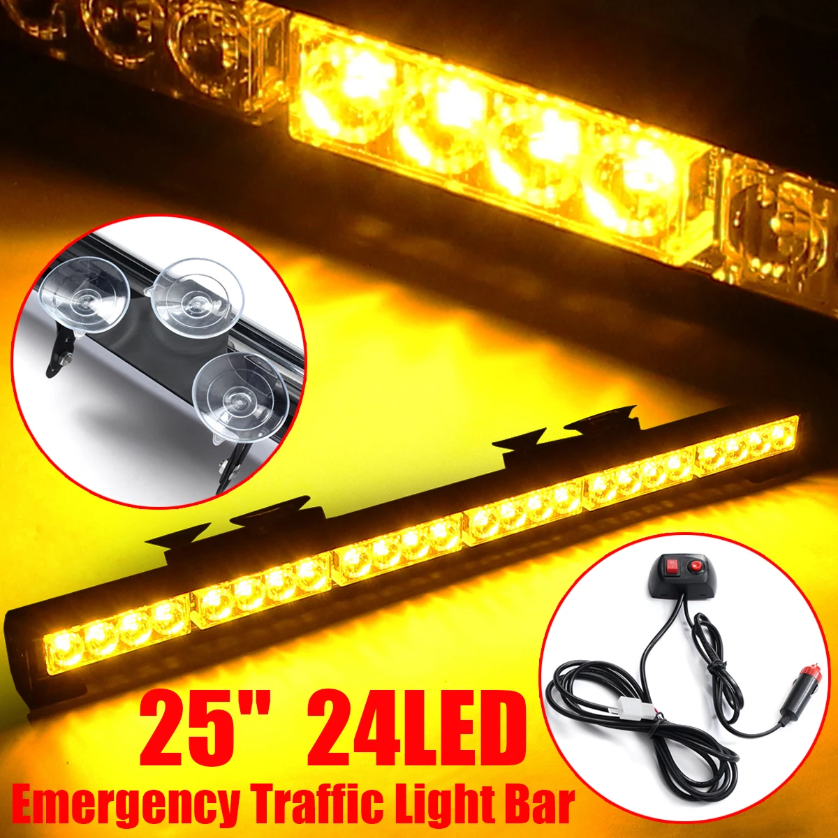 

25" 24 Smuxi LED Amber Emergency Light Warning Strobe Flashing Yellow Bar Hazard Dash Outdoor Road Professional Lighting