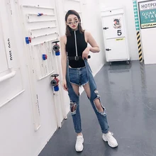 Новые летние женские рваные джинсы полной длины женские повседневные брюки Студенческая уличная одежда