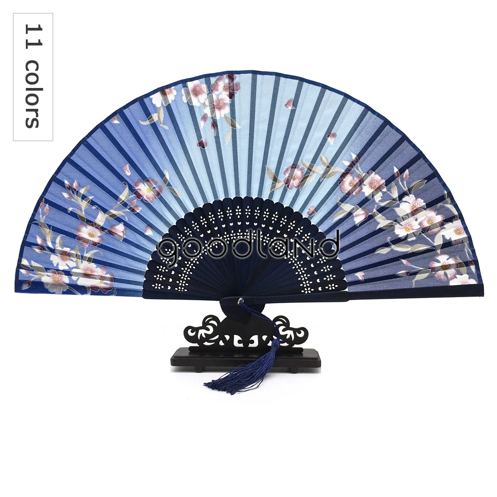 Wisteria Flower and Butterfly Design Japanese Bamboo Silk Fan Blue Color