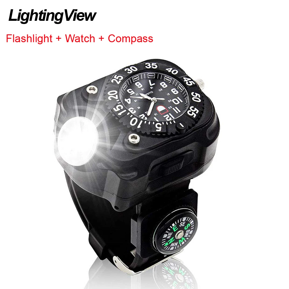 

Lightingview Rechargeable Watch Flashlight with 5 Light Mode & Waterproof & Compass for Outdoor Running, Hiking, Camping