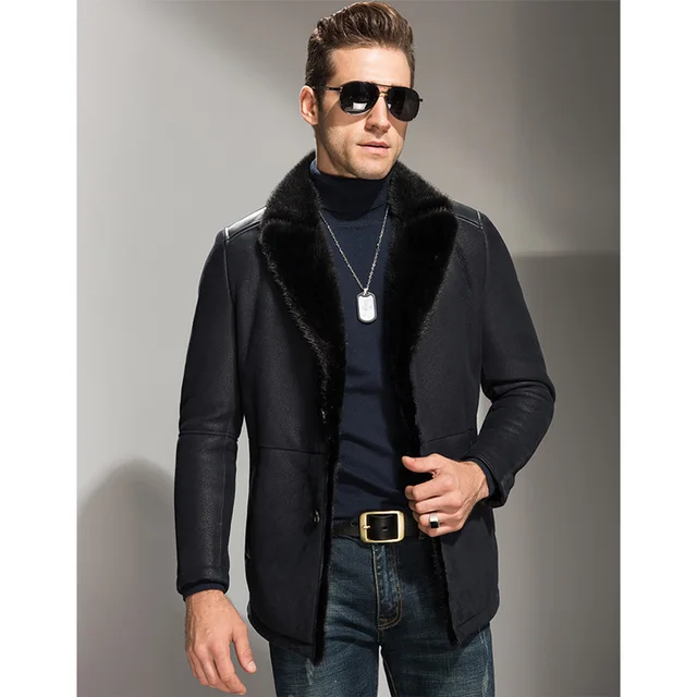 Men's Shearling Jacket Men's Black Mink Fur Collar Long