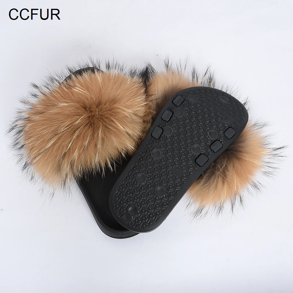 CCFUR Raccooon/меховые шлепанцы Женские с натуральным мехом Модные домашние пушистым