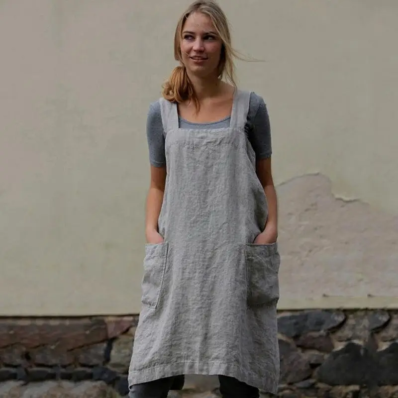 

Long Style Aprons For Woman Ladies Cotton And Linen Aprons Kitchen Cooking Apron Garden Work Loungewear Loose 4 Color Wholesale
