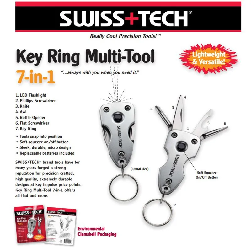 Swiss Tech 7 in 1 EDC Key Ring Outdoor Pocket Multi-Tools Survival Opener Flat-Blade Knife Keychain LED Flashlight Camping Gear Swiss Tech 7 in 1 EDC Key Ring Outdoor Pocket Multi-Tools Survival Opener Flat-Blade Knife Keychain LED Flashlight Camping Gear