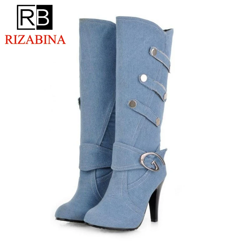 

RizaBina Size 34-48 Women Mid Calf Boots Platform High Heels Winter Boots Plush Fur Shoes Woman Bling Crystal Fashion Footwear