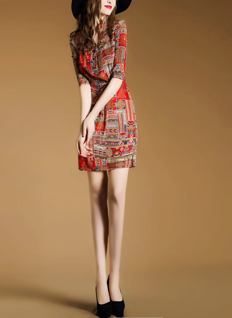 Модное облегающее платье на пуговицах с v-образным вырезом, этнический принт, галстук-бабочка на талии, платья из искусственного шелка для женщин, Vestidos