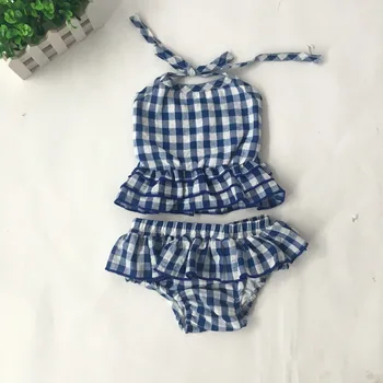 

Puresun Plaid Summer Girls 2pcs Swimsuit Set Nice Blue Plaid Seersucker Toddler Girls Beach Swimsuit With Ruffles Design