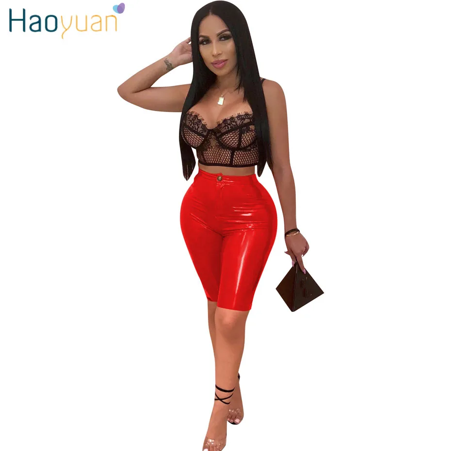 

HAOYUAN PU Leather Sexy Shorts Women Fashion High Waist Faux Leather Biker Shorts Streetwear Push Up Knee-Length Short Pants