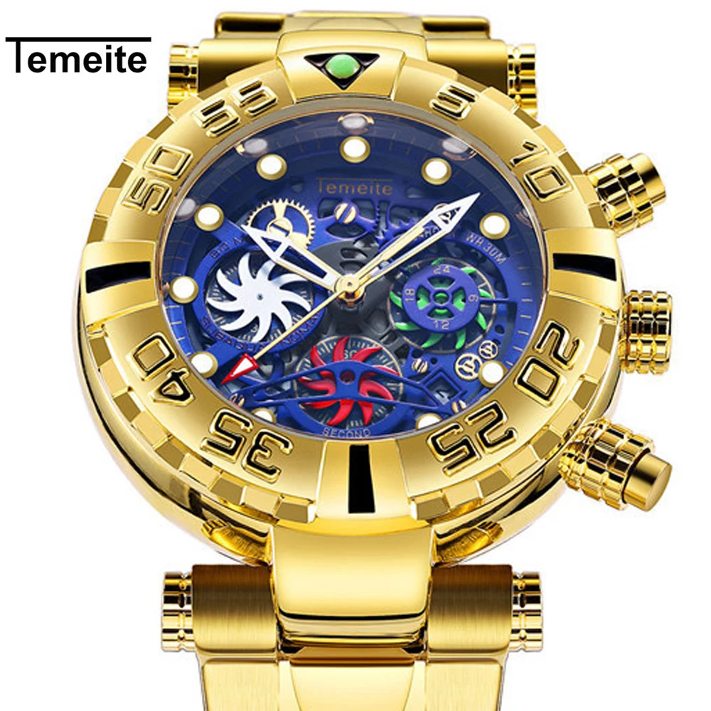 Temeite Golden Blue Luxury Watch Men Creative Dial Quartz Watches Full Steel Waterproof Wristwatches Sport Military Male Clock