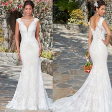 Элегантный v-образным вырезом Тюль декольте Русалка свадебное платье с аппликацией полный кружева развертки поезд молния сзади Свадебное Платье