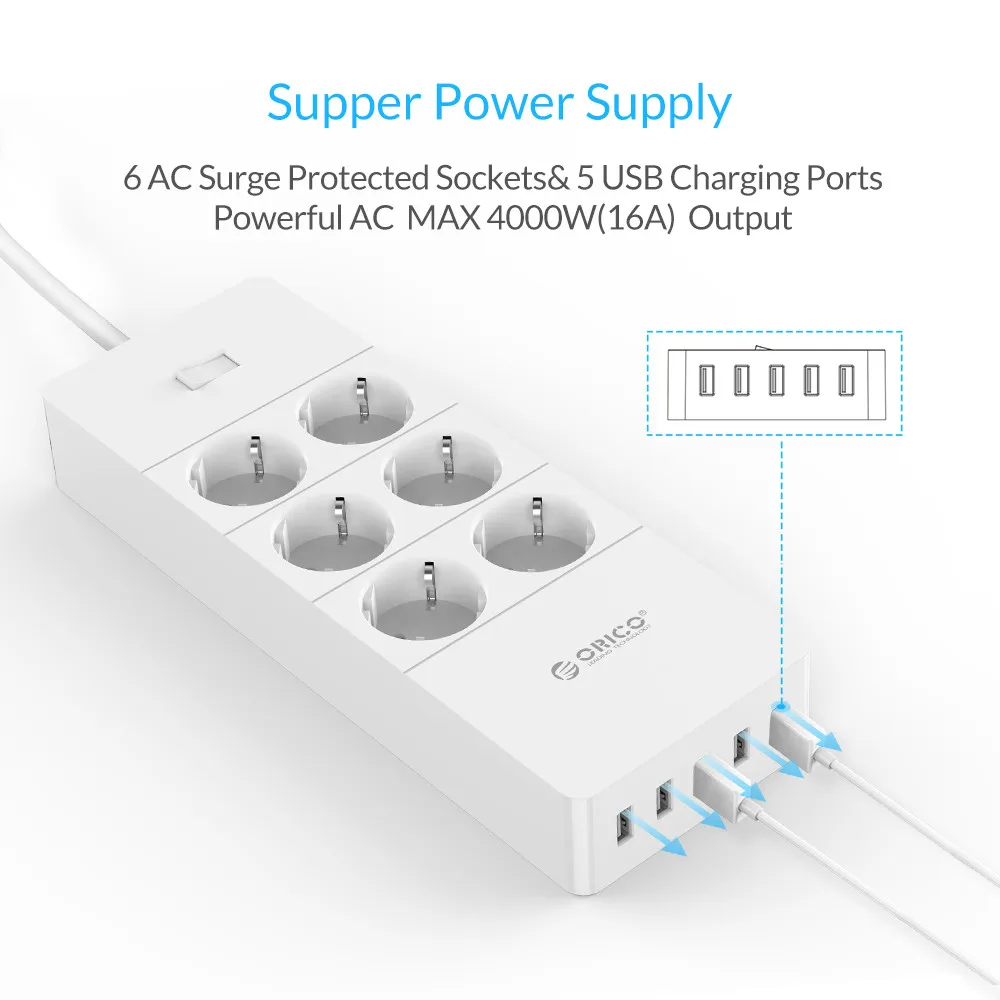 ORICO power Strip EU US UK Plug 6 Outlet сетевой фильтр EU power Strip с 5x2. 4A USB Супер зарядными портами-белый(HPC-V1