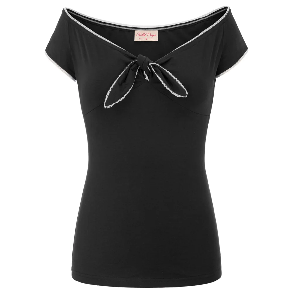 Belle Poque, сексуальная женская летняя футболка, Классическая хлопковая футболка с галстуком-бабочкой, короткий рукав, глубокий v-образный вырез, с открытыми плечами, летние женские тонкие Топы - Color: Black