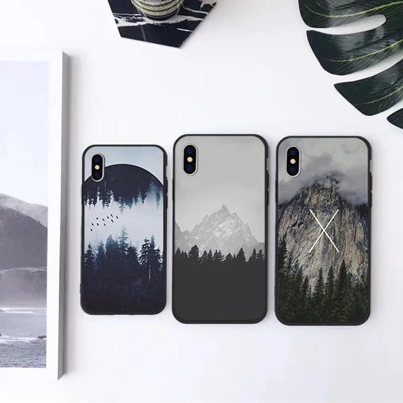 

DIFFRBEAUTY Vintage Mountain Forest Clouds Print Phone Case For iPhone 6 6s 7 8 Plus X Soft Back Cover Landscape Scenery Coque