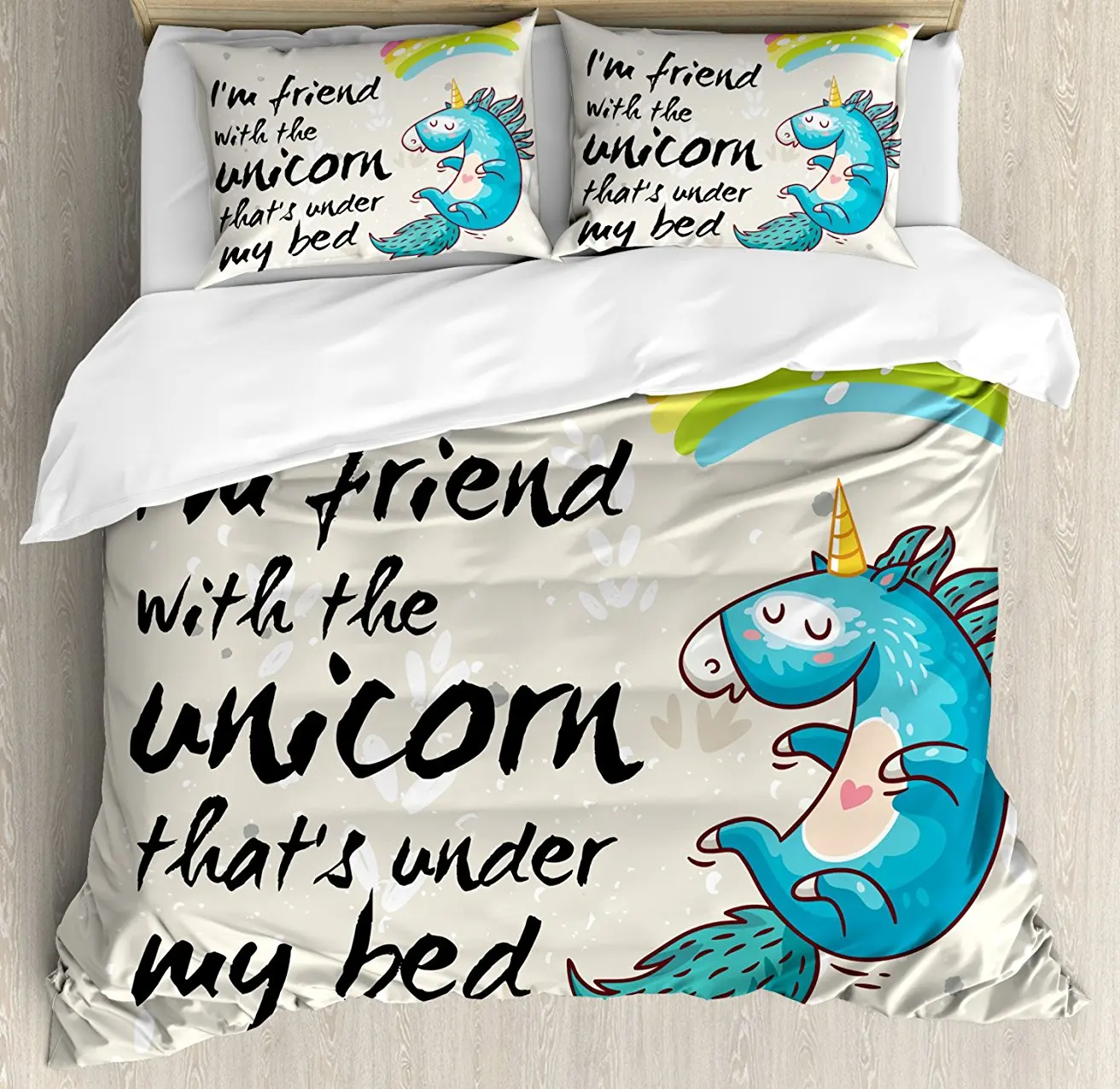

Duvet Cover Set, Unicorn Dreaming with Rainbow Magical Myst Epic Creature Pony Grace Artsy Cartoon, 4 Piece Bedding Set