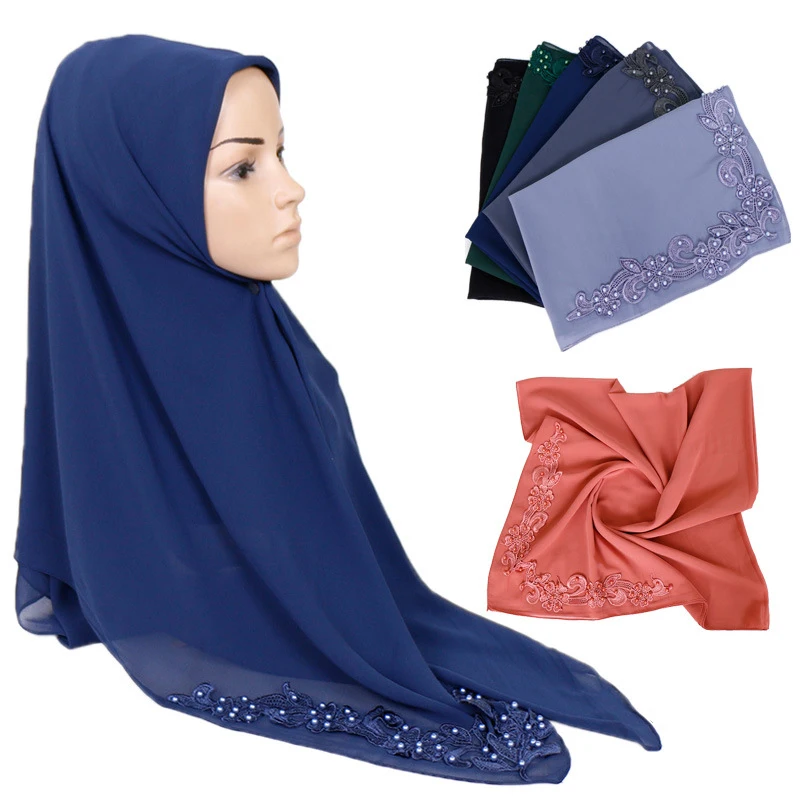 

Embroidery Flower Muslim Woman Headscarf Pearl Chiffon Shawl and Wrap Hijab Square Scarf femme musulman Islam Turban foulard