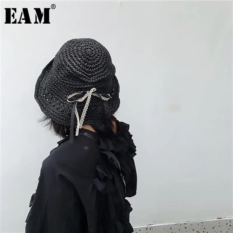 

[EAM] 2019 New Spring Summer Round Dome Straw Knitted Bow StitchTemperament Fishermen Hat Women Fashion Tide All-match JT788