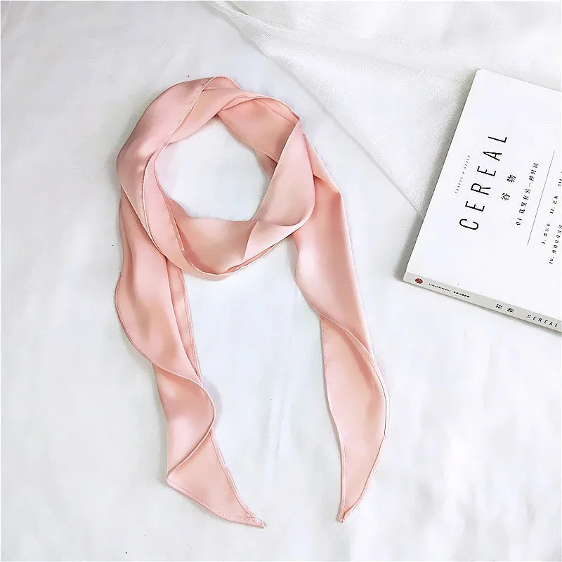 Pink Women Fashion Ribbon Silk Scarf Beautiful Solid Design Girls Neckerchief Hair Band Bag Handle Wraps Small Neck Scarves - Цвет: Pink