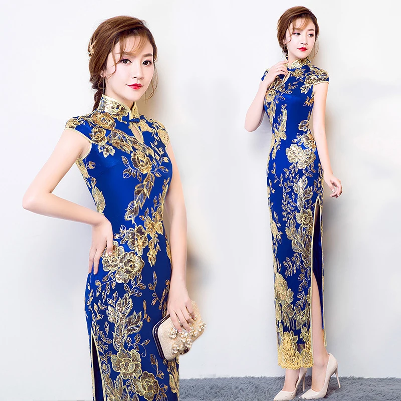 Винтажное свадебное платье Cheongsam китайский стиль синее женское | Отзывы и видеообзор