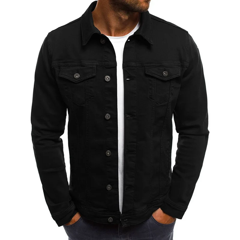 Брендовая джинсовая мужская куртка, Модные осенние приталенные куртки, мужские повседневные джинсовые пальто с отложным воротником, уличная одежда, однотонные джинсовые куртки - Цвет: black jeans jacket1