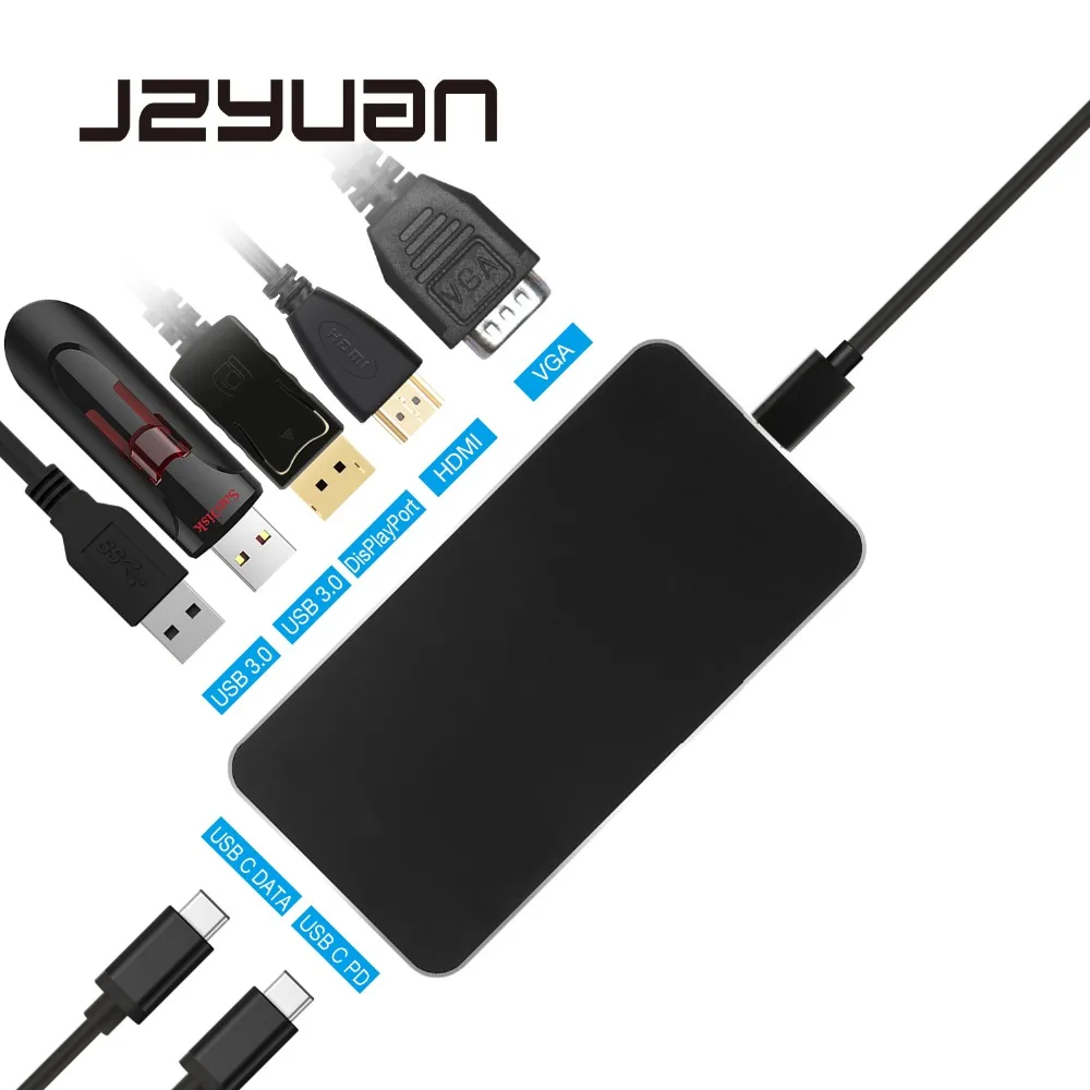 JZYuan type C 7 в 1 док станция для ноутбука USB к HDMI DisPlayPort VGA видео конвертер с 3 0 PD Macbook
