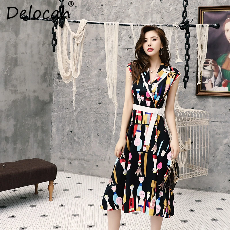 

Delocah 2019 Women Spring Summer Dress Runway Fashion Sleeveless Bow Tie Character Printed Elegant Vintage Holiday Midi Dresses