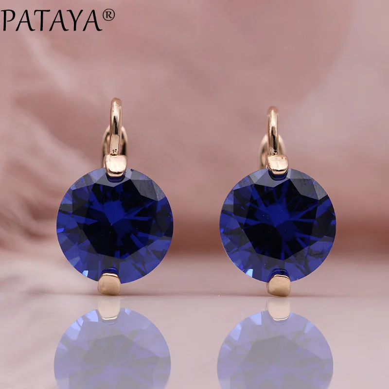 

PATAYA New Round Blue Earring Women Fashion Multicolor Noble Fine Cute Jewelry 585 Rose Gold Big Natural Zircon Dangle Earrings