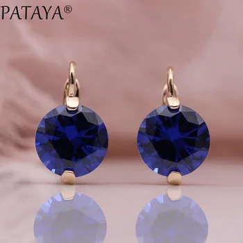

PATAYA New Round Blue Earring Women Fashion Multicolor Noble Fine Cute Jewelry 585 Rose Gold Big Natural Zircon Dangle Earrings