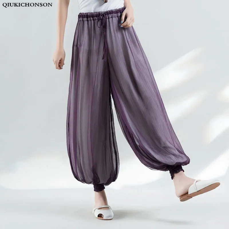 

Qiukichonson 2018 Summer pants women casual wide leg pants elastic waist jogger pants ladies trousers polyester silk loose pants